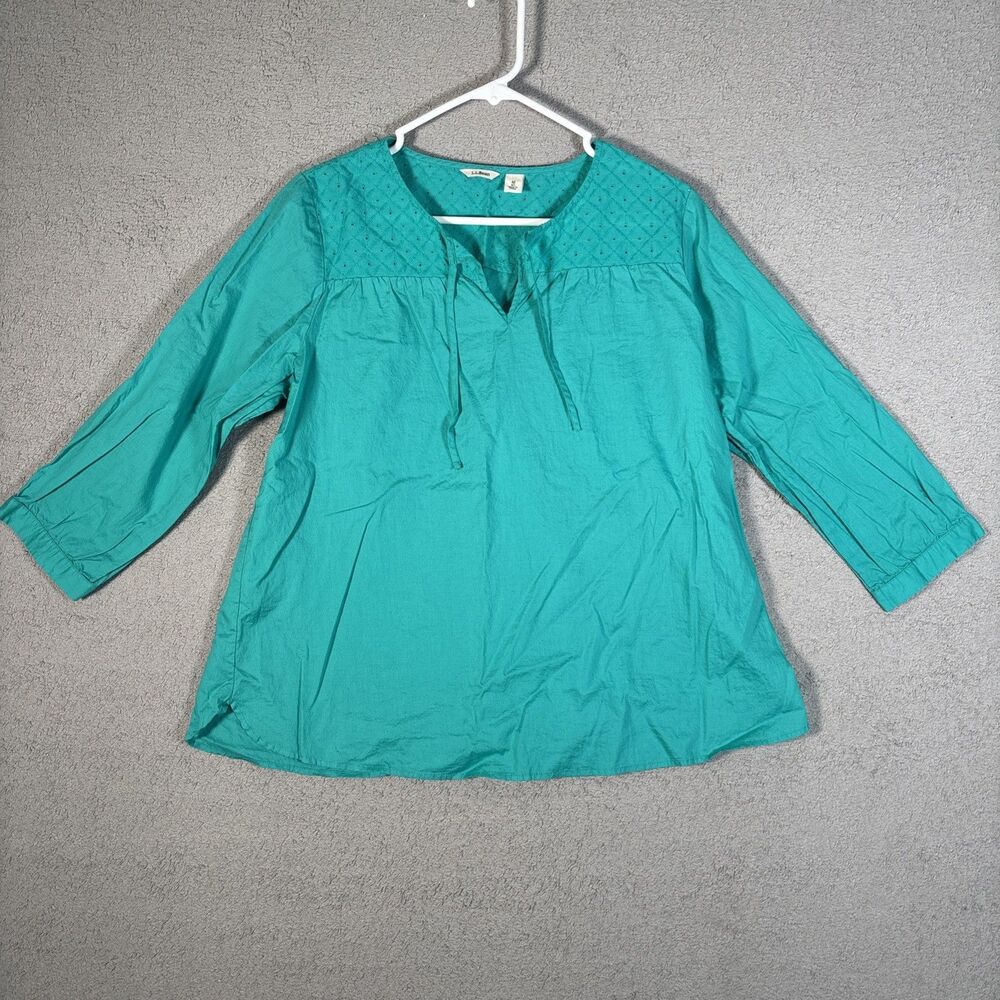 LL Bean Top Women’s Size M Teal Eyelet Chest Tie Neck‎ 3/4 Sleeve Blouse Shirt - Picture 2 of 11